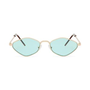 Lunettes de soleil géométriques Venice Gold avec monture dorée fine et verres teintés bleu-vert, offrant un style rétro et moderne.