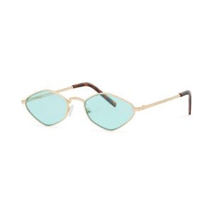 Gros plan des lunettes de soleil Venice Gold mettant en valeur la monture dorée, les branches en écaille de tortue et le design géométrique unique des verres.